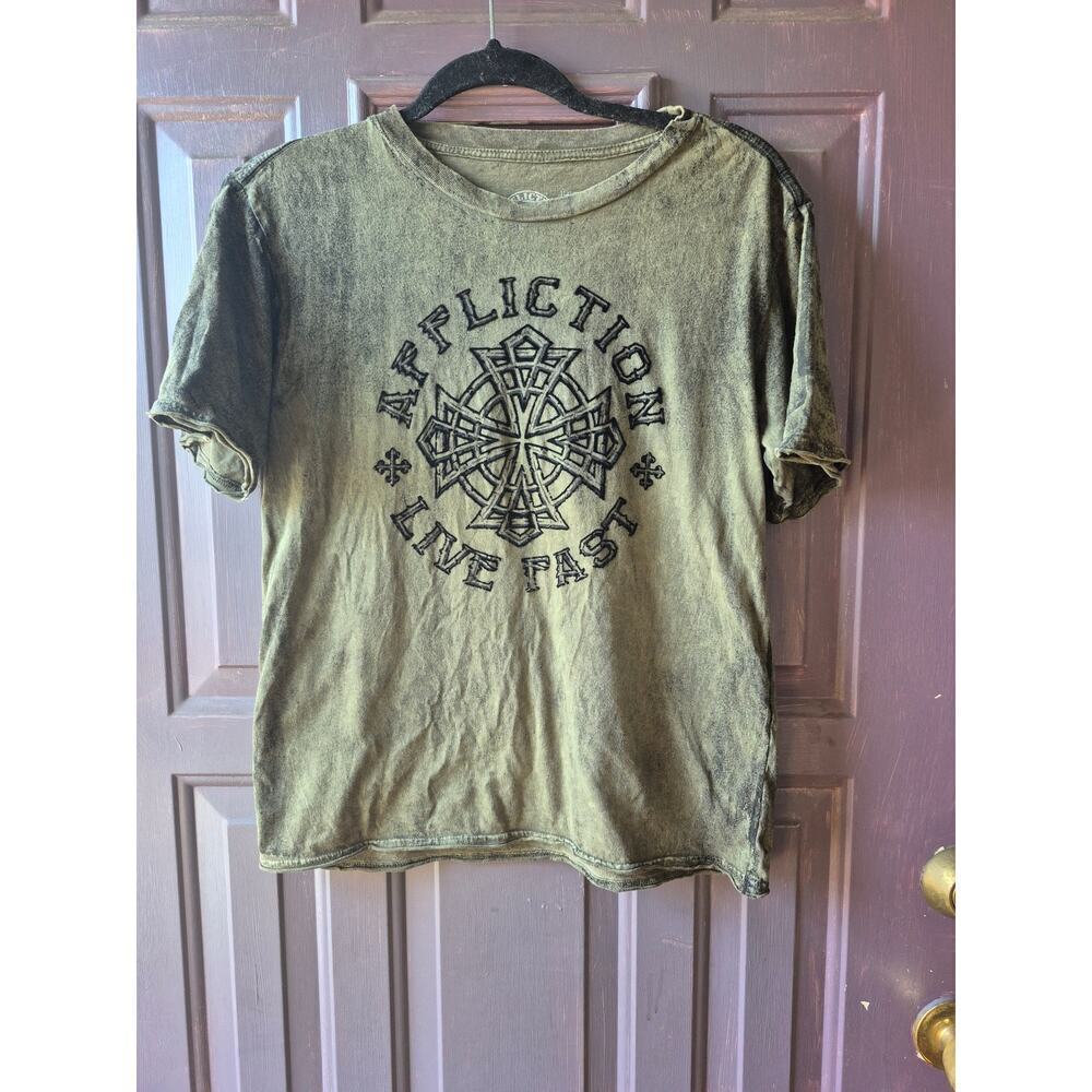 Affliction Y2k Live Fast Mens t-shirt size large army‎ green 100% cotton